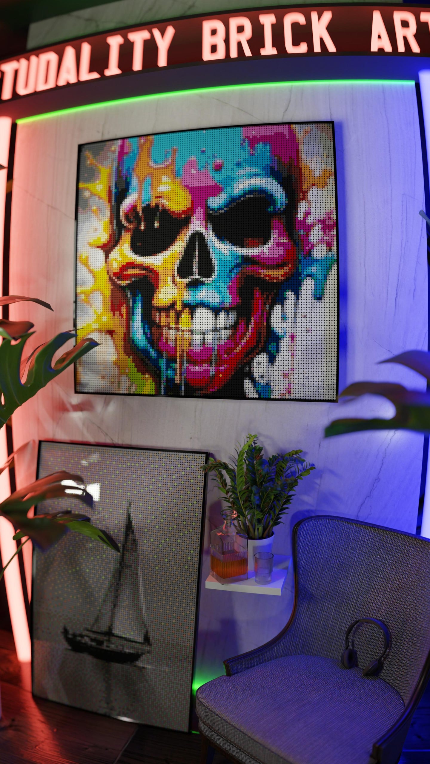 Vivid Decay LEGO® Style mosaic wall art made from colorful plastic bricks